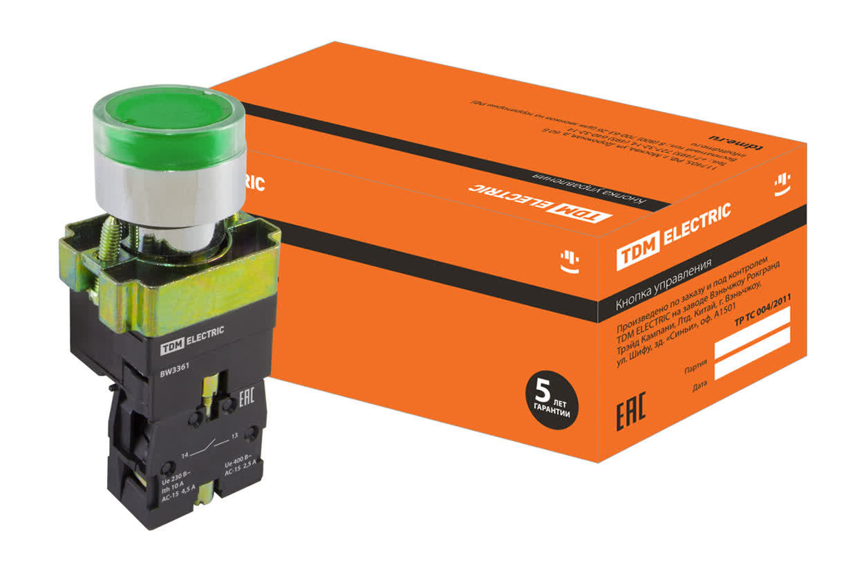 Кнопка TDM ELECTRIC SQ0704-0054 SB2-BW3361 с возвратом, зеленая с подстветкой