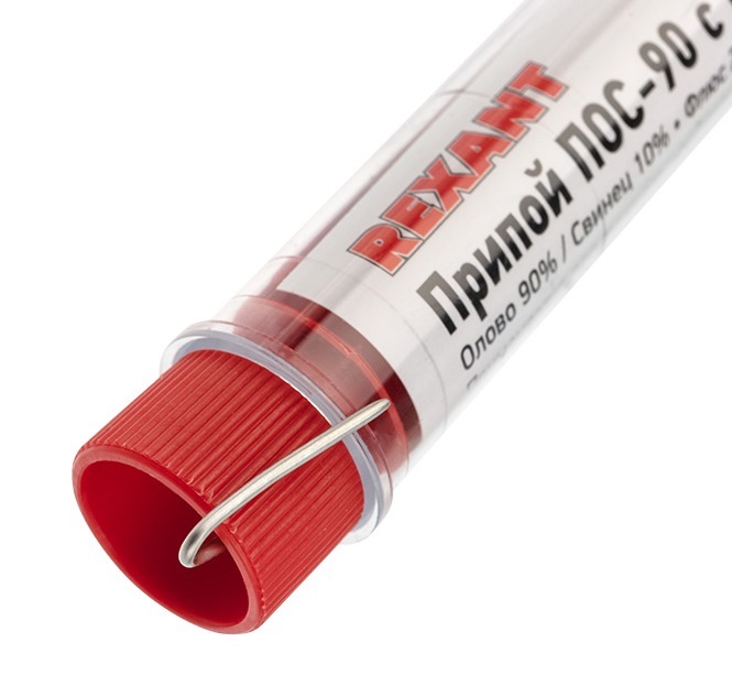 09-3102 ∙ Припой с канифолью ПОС-90 REXANT, 10 г, Ø1.0 мм, (олово 90%, свинец 10%), колба ∙ кратно 20 шт