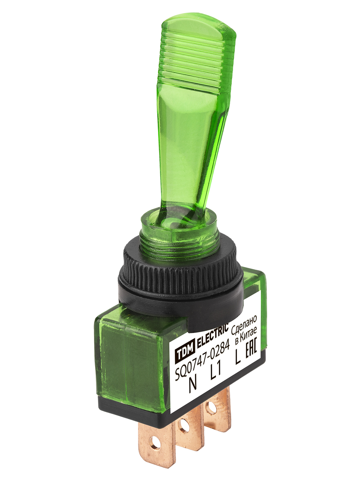 Выключатель-тумблер TDM ELECTRIC SQ0747-0284 ASW-13D 1P 12В AC/DC 20А (3c) ON-OFF с фиксацией с зеленой LED подсветкой