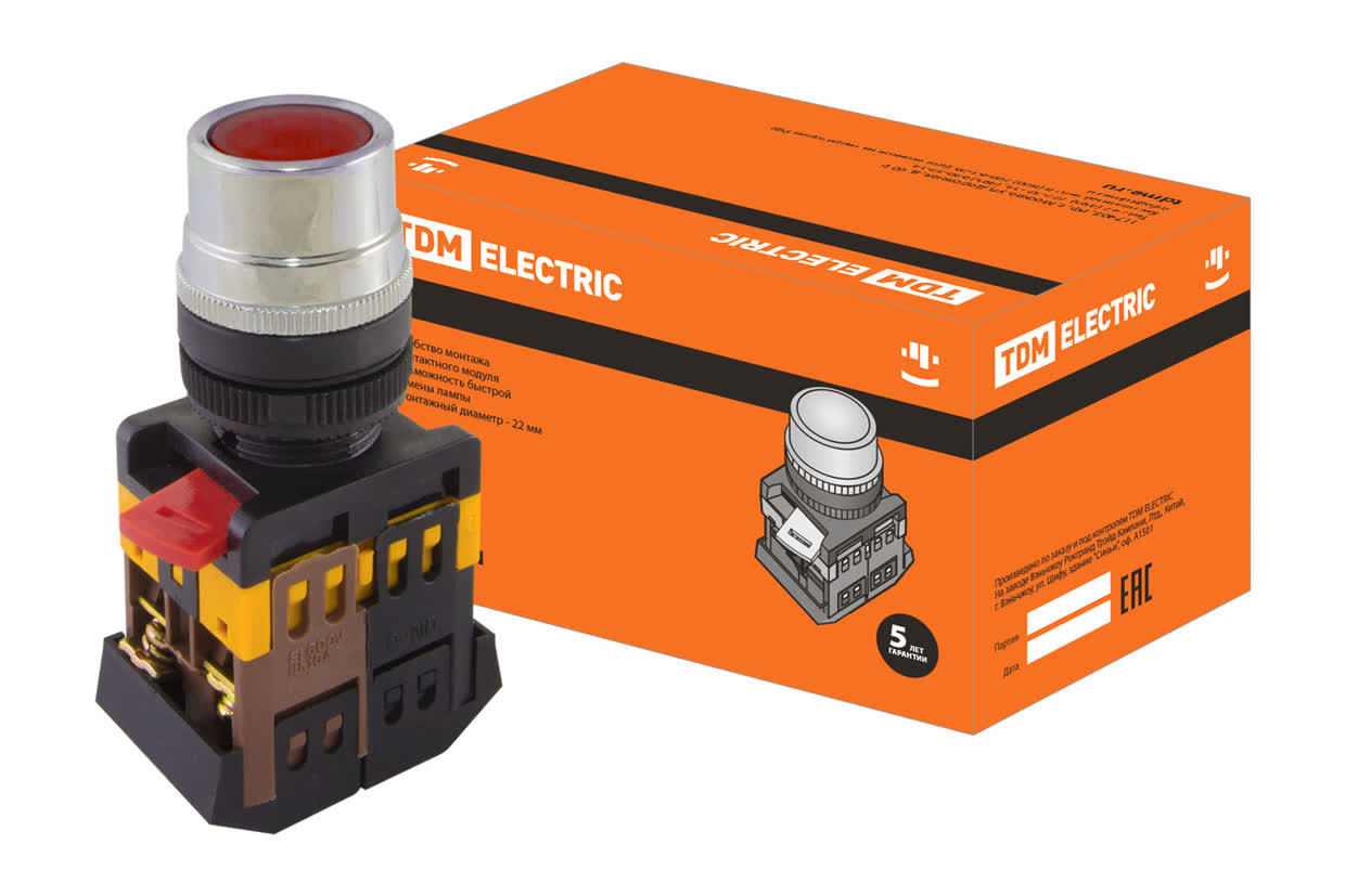 Кнопка с подсветкой TDM ELECTRIC SQ0704-0001 ABLF-22 красный, неон/230В (Упаковка 10шт)