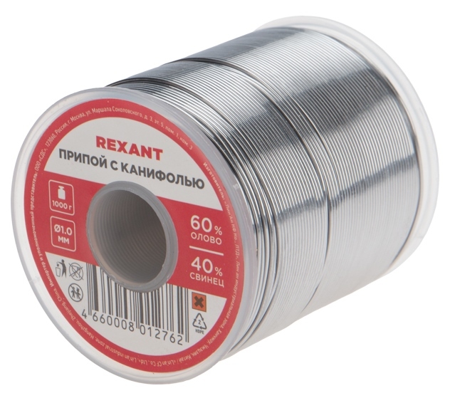 09-3413 ∙ Припой с канифолью, 1000г, Ø1мм, (олово 60%, свинец 40%), катушка Rexant