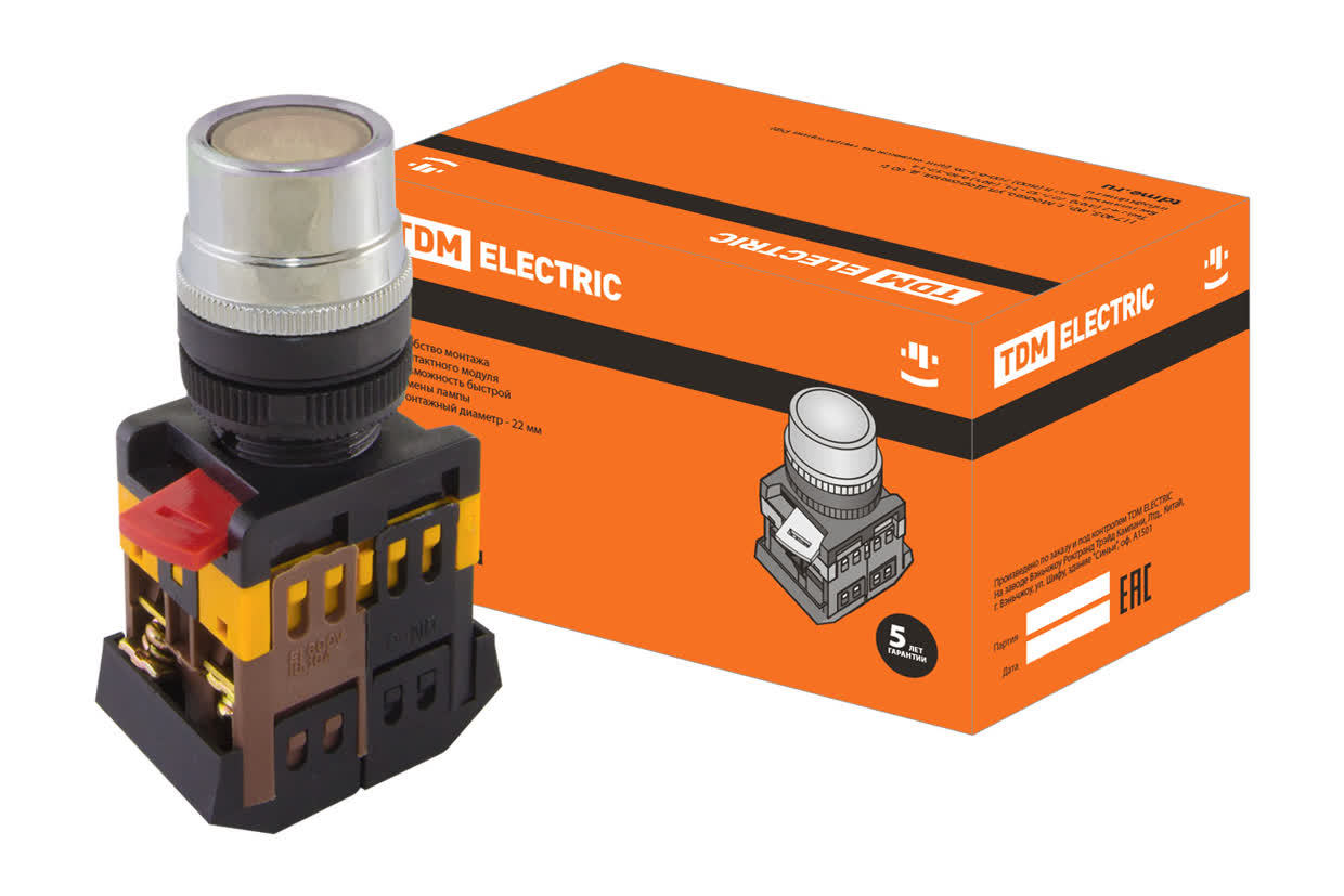 Кнопка с подсветкой TDM ELECTRIC SQ0704-0029 ABLF-22 прозрачный, неон/230В (Упаковка 10шт)