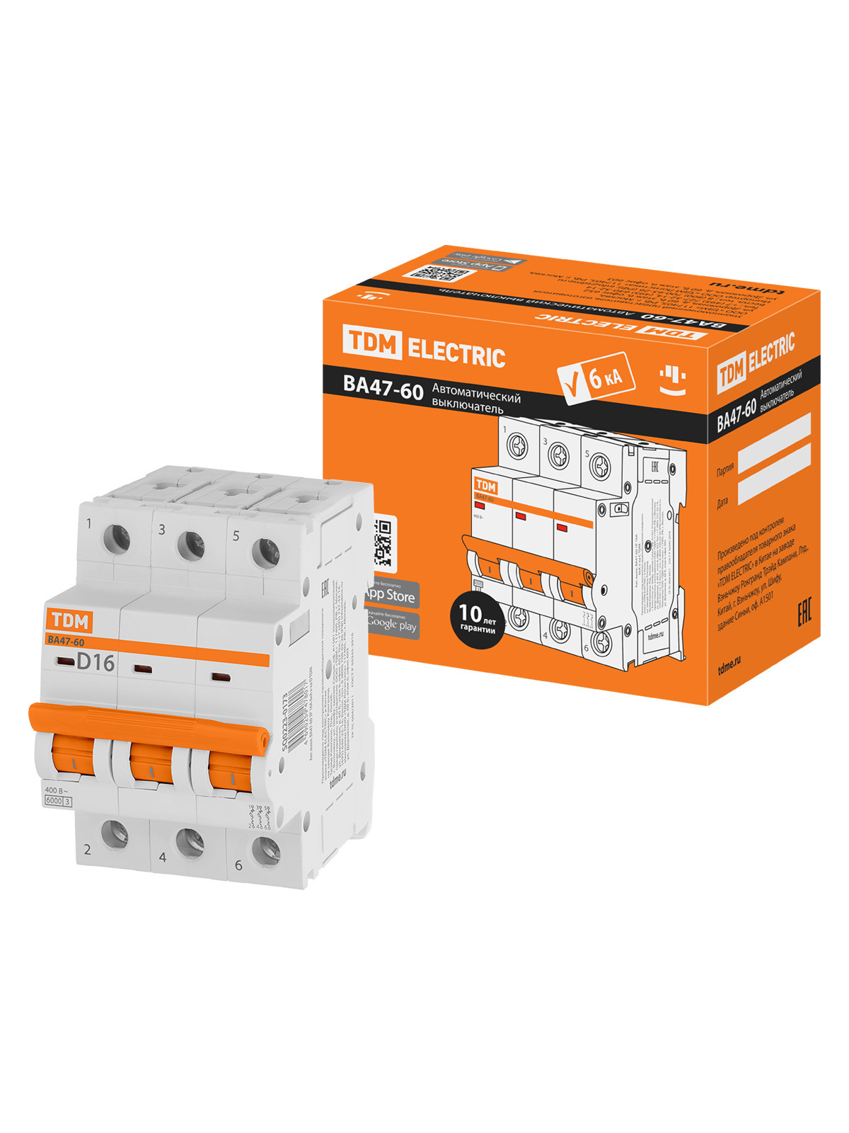 Выключатель автоматический модульный TDM ELECTRIC SQ0223-0173 ВА47-60 3Р 16А 6кА х-ка D