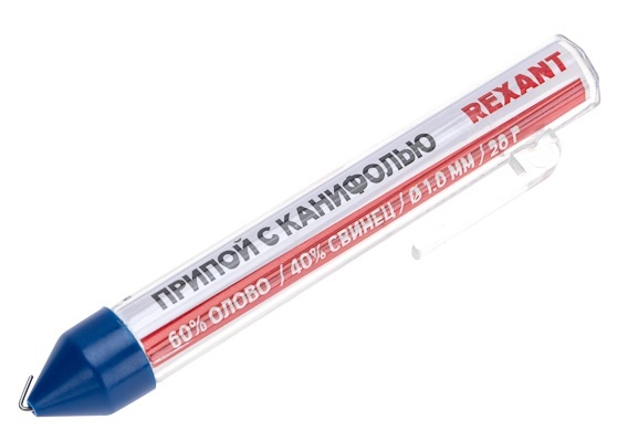 09-3103 ∙ Припой с канифолью REXANT, 20 г, Ø1.0 мм, (олово 60%, свинец 40%), колба-карандаш