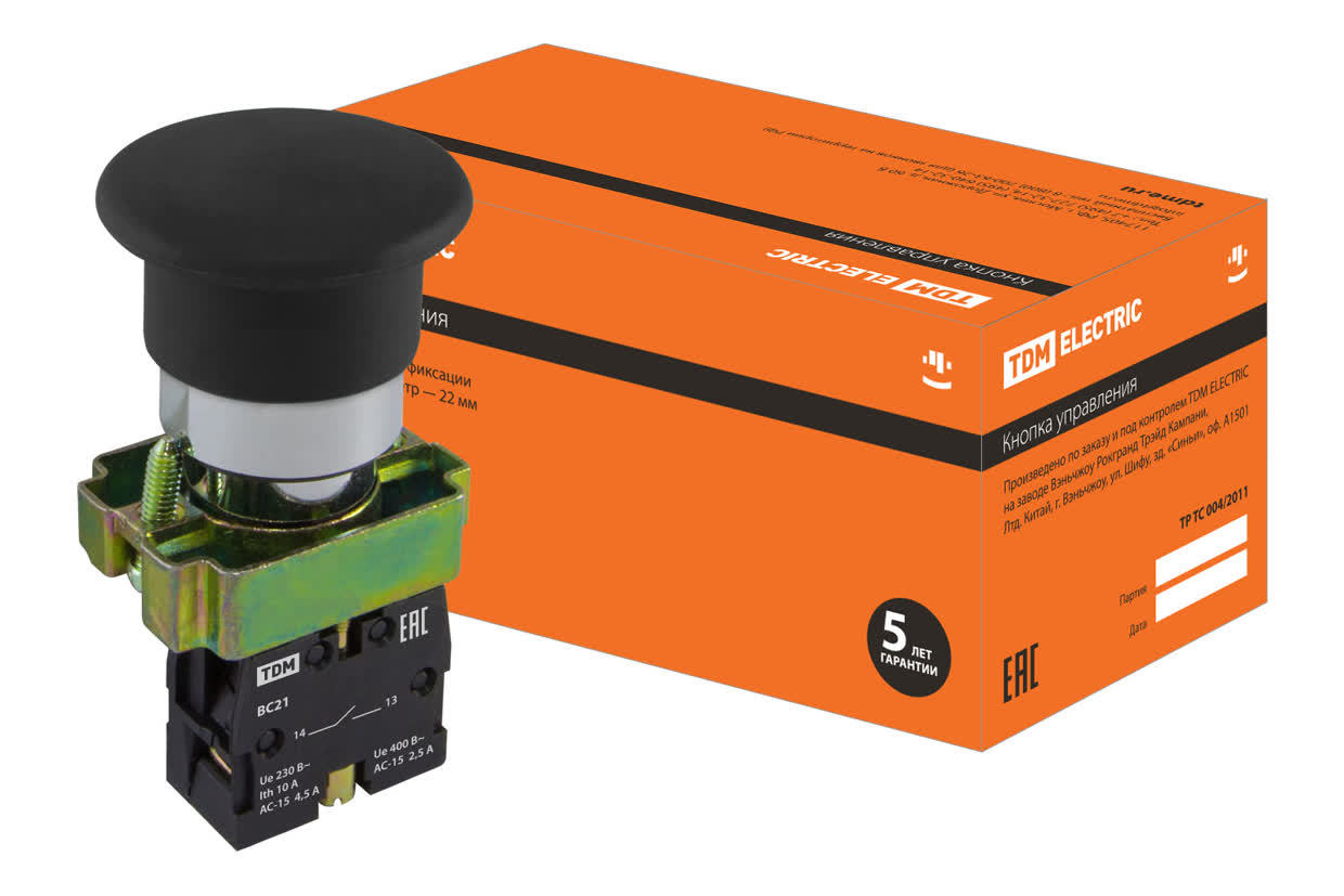 Кнопка грибовидная TDM ELECTRIC SQ0704-0042 SB2-BС21 с возвратом, черная, IP40