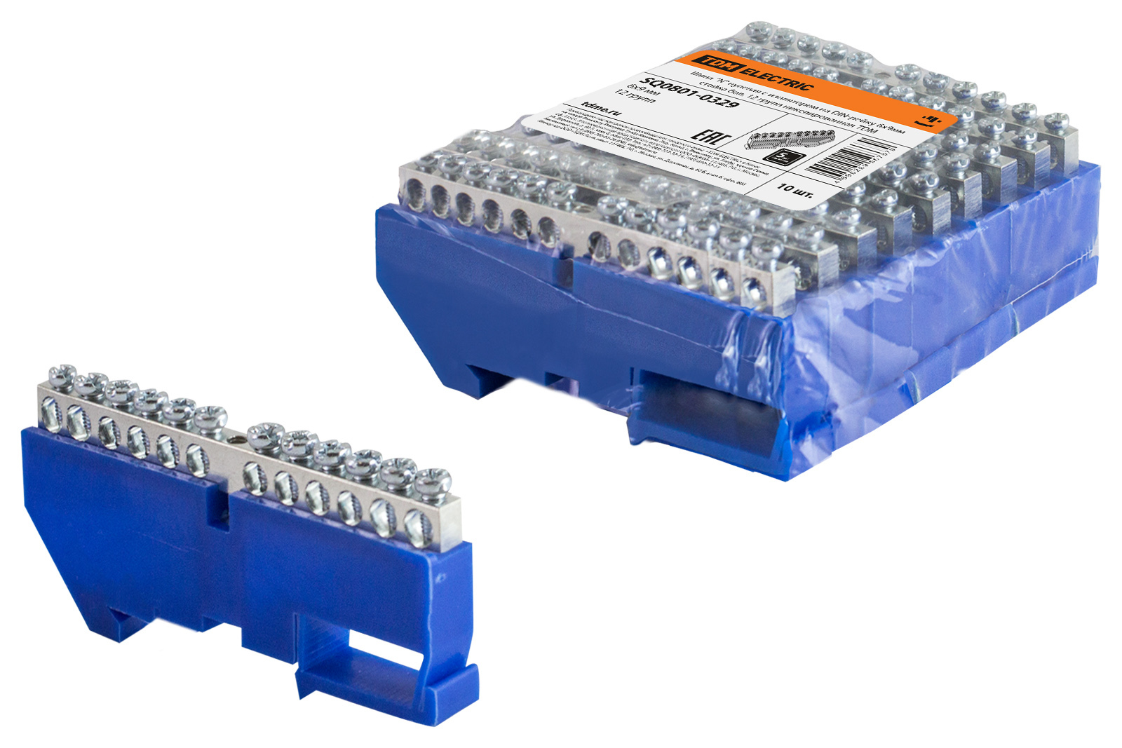TDM ELECTRIC SQ0801-0329 Шина "N" нулевая с изолятором на DIN-рейку 6x9мм стойка бол. 12 групп никел. (Упаковка 10шт)