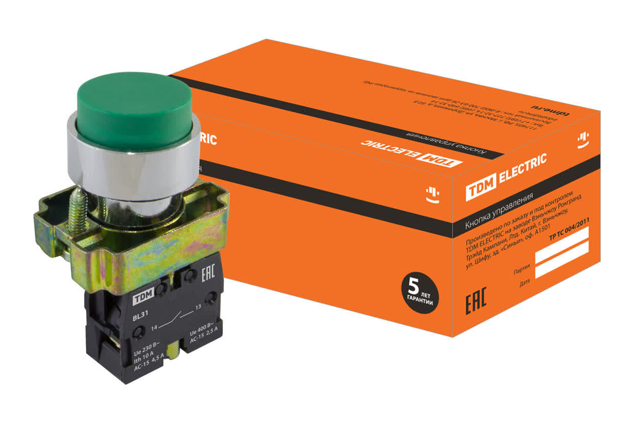 Кнопка TDM ELECTRIC SQ0704-0048 SB2-BL31 с возвратом, зеленая