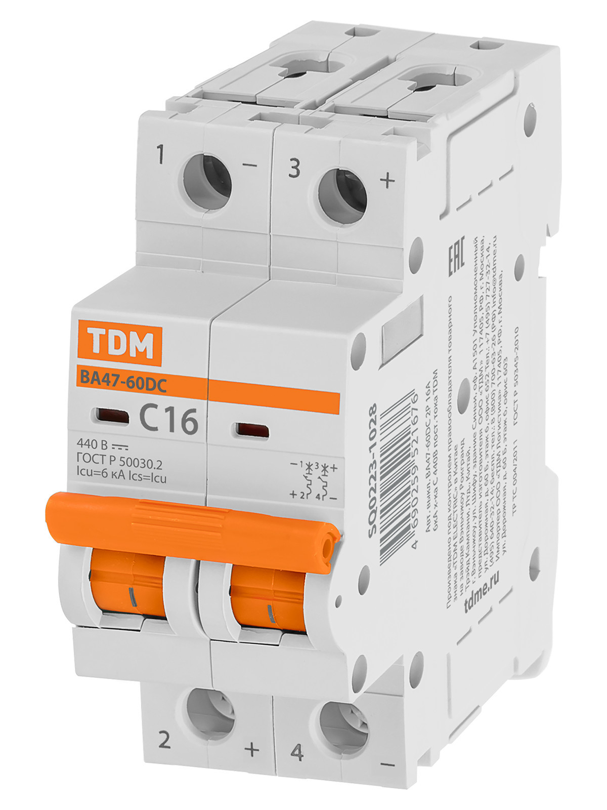 Выключатель автоматический модульный TDM ELECTRIC SQ0223-1028 ВА47-60DC 2P 16А 6кА х-ка С 440В пост. тока