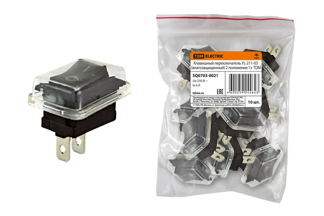 Переключатель клавишный TDM ELECTRIC SQ0703-0021 YL-211-03 черный (влагозащищенный) 2 положения 1з (Упаковка 10шт)
