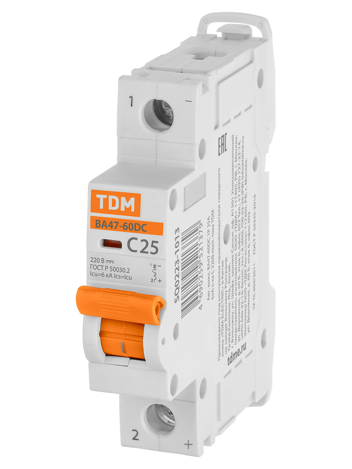 Выключатель автоматический модульный TDM ELECTRIC SQ0223-1013 ВА47-60DC 1P 25А 6кА х-ка С 220В пост. тока