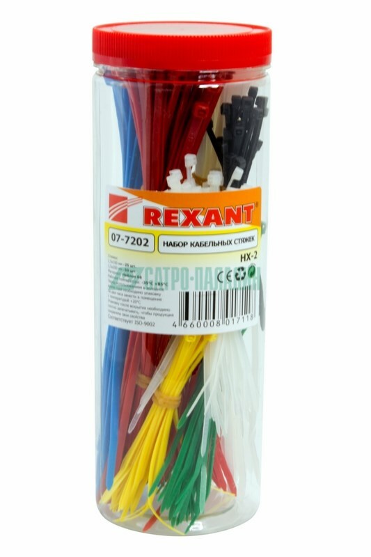 07-7202 ∙ Набор хомутов-стяжек нейлоновых REXANT 100, 200 мм, цветные, НХ-2, тубус 300 шт.