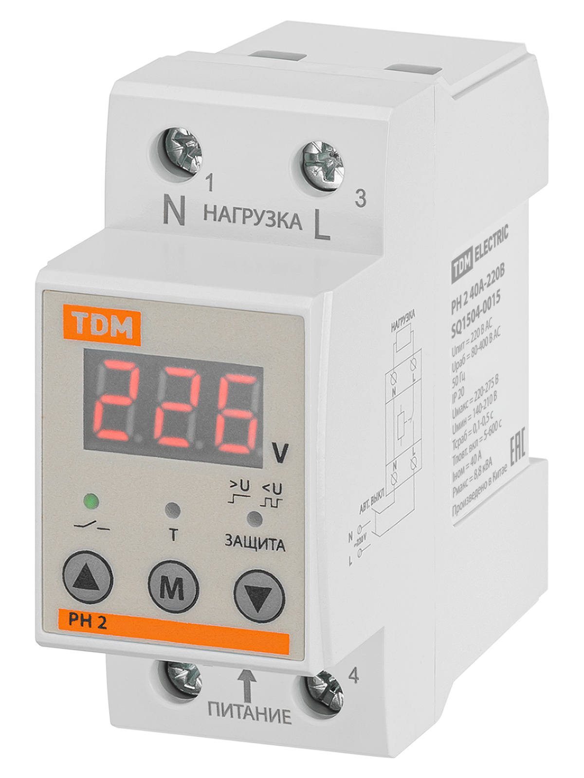 TDM ELECTRIC SQ1504-0024 Реле напряжения 1ф РН 2 25А-220В (LED-дисплей)