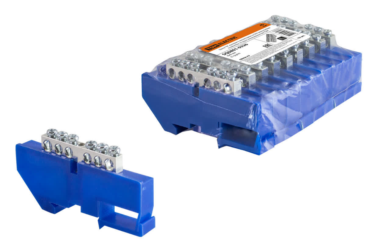 TDM ELECTRIC SQ0801-0326 Шина "N" нулевая с изолятором на DIN-рейку 6x9мм стойка бол. 6 групп никел. (Упаковка 10шт)