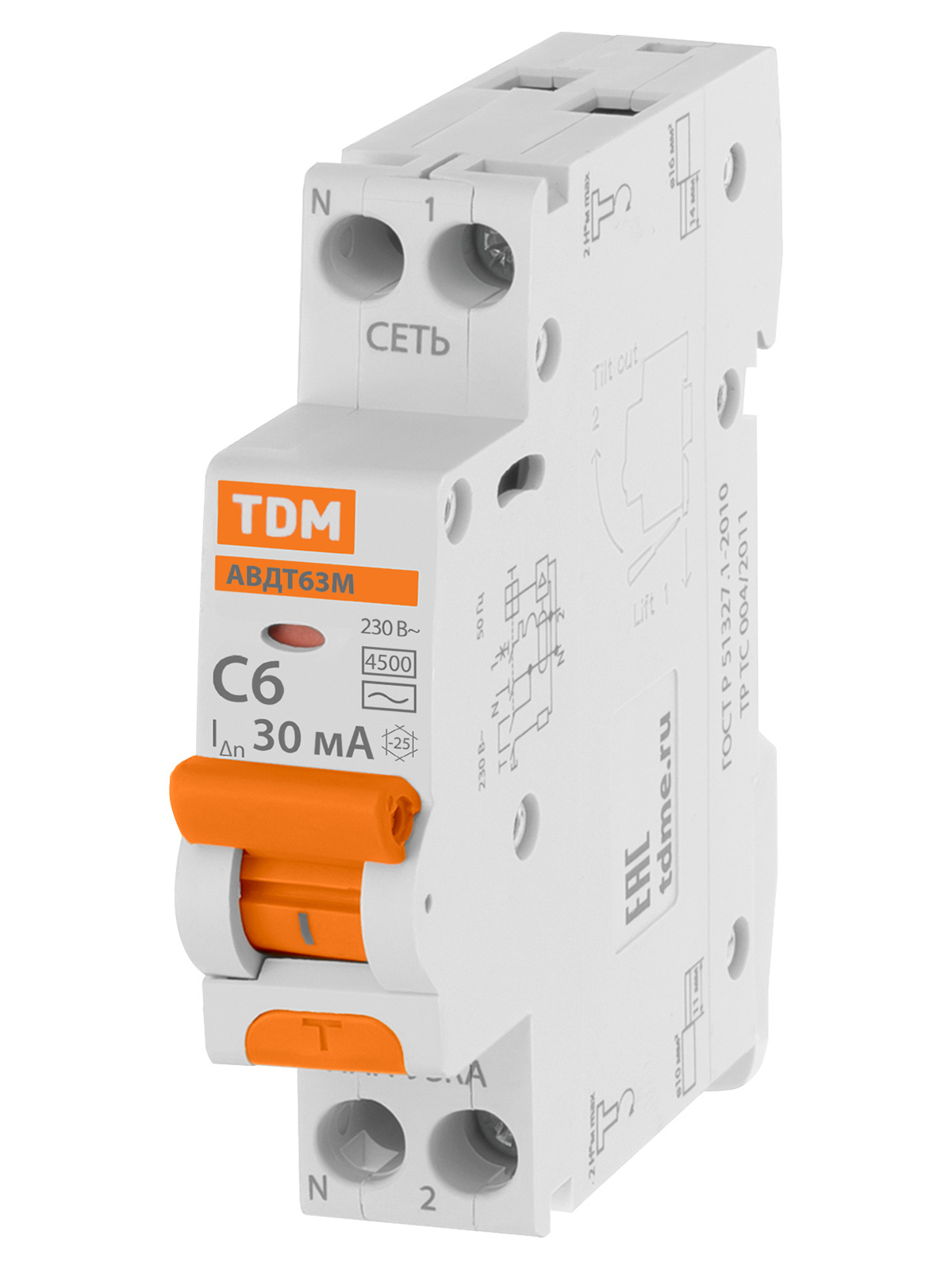 Выключатель автоматический дифференциального тока TDM ELECTRIC SQ0202-0058 АВДТ 63М 2P(1P+N) C6 30мА 4,5кА тип АС