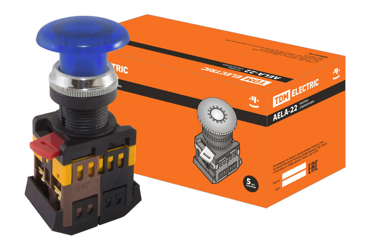 Кнопка грибовидная TDM ELECTRIC SQ0704-0035 AELA-22 синяя, неон/230В