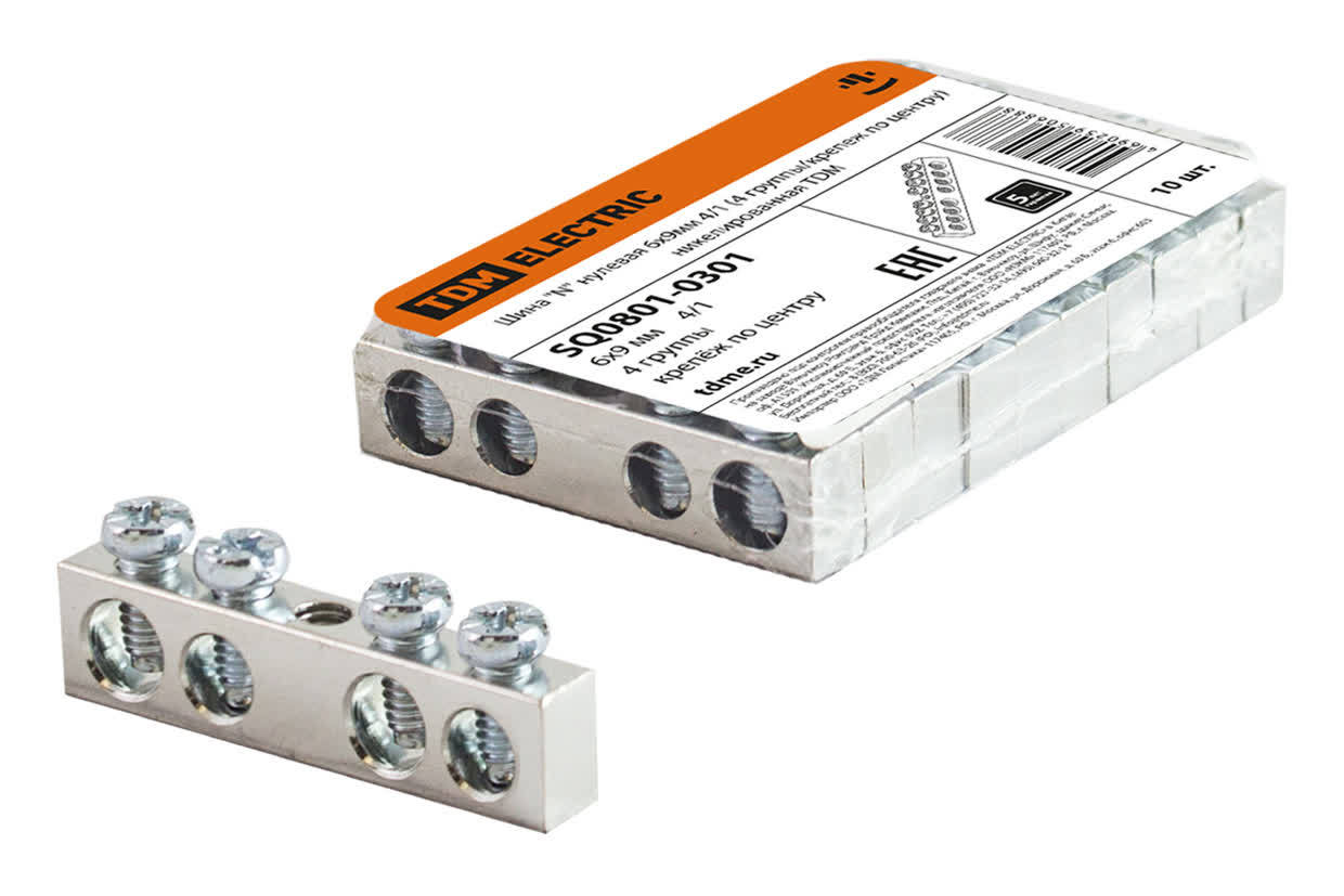 TDM ELECTRIC SQ0801-0301 Шина "N" нулевая 6х9мм 4/1 (4 группы/крепеж по центру) никелированная (Упаковка 10шт)