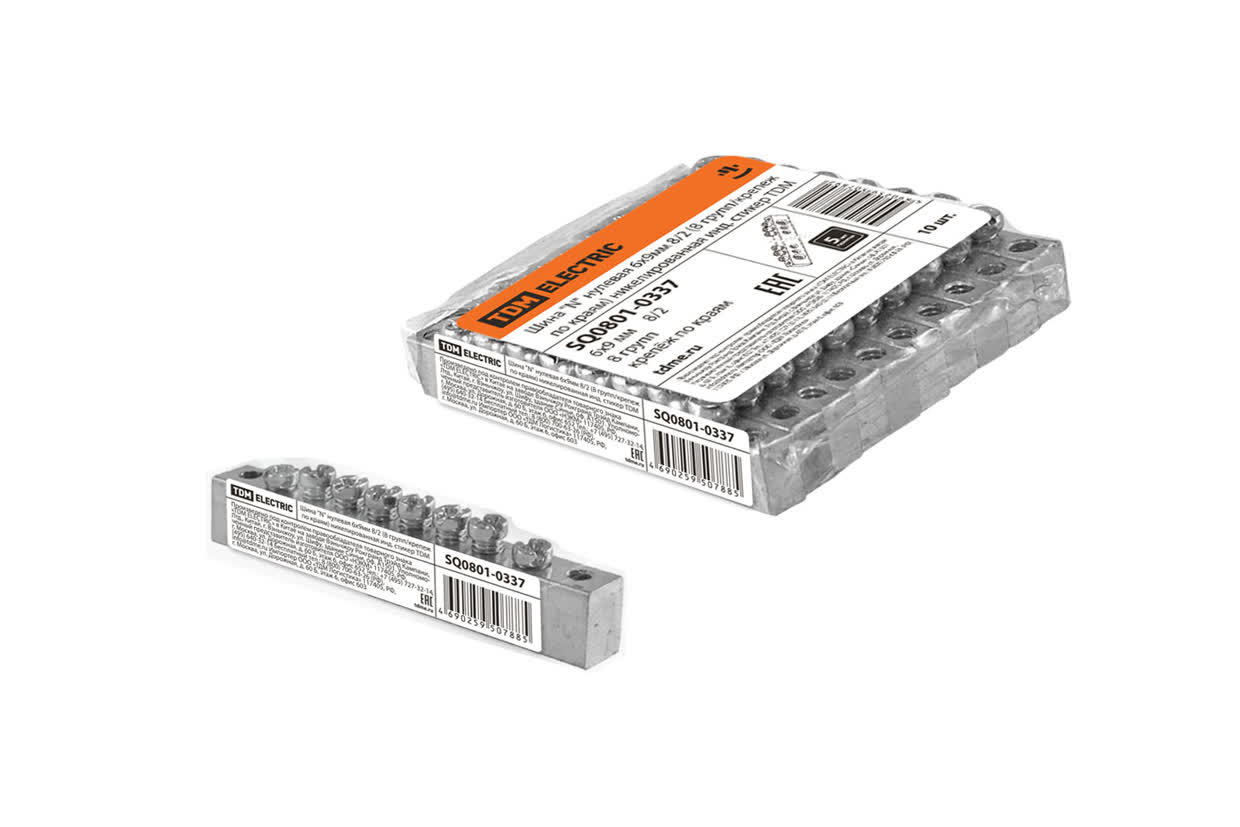 TDM ELECTRIC SQ0801-0337 Шина "N" нулевая 6х9мм 8/2 (8 групп/крепеж по краям) никелированная инд.стик (Упаковка 10шт)