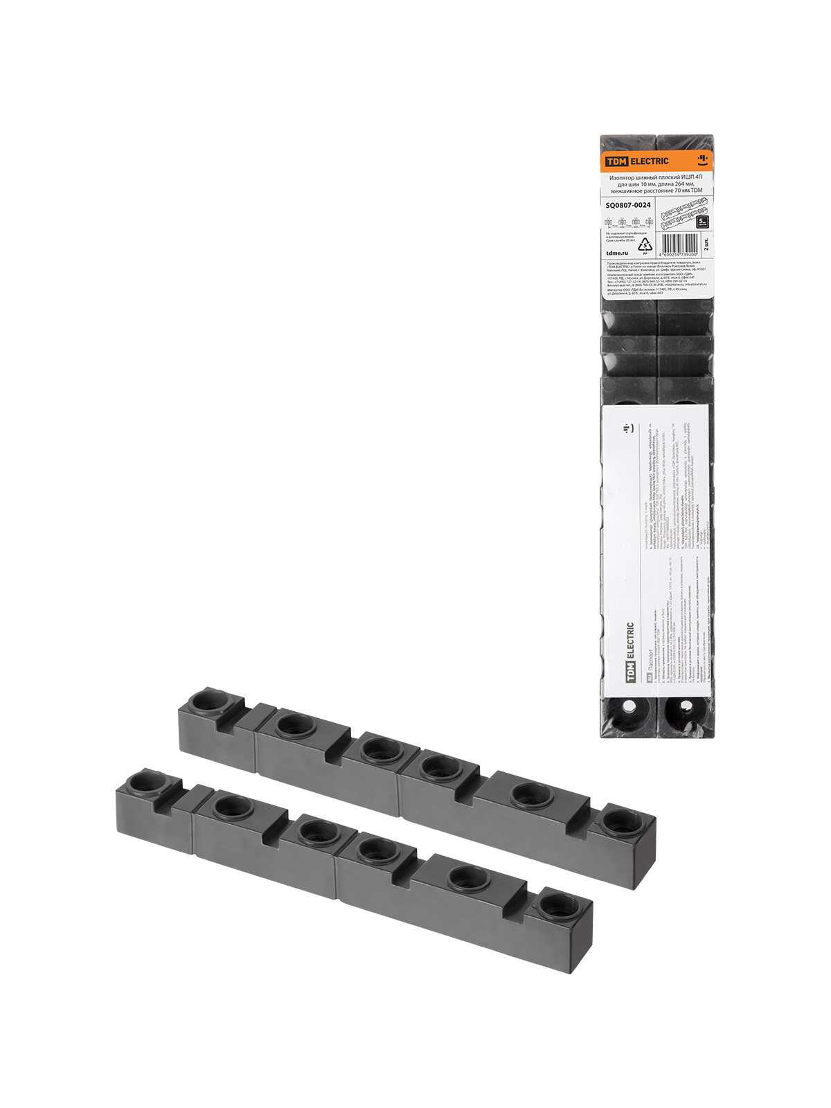 Изолятор шинный плоский TDM ELECTRIC SQ0807-0024 ИШП 4П для шин 10 мм, длина 264 мм, межшинное расстояние 70 мм (Упаковка 2шт)
