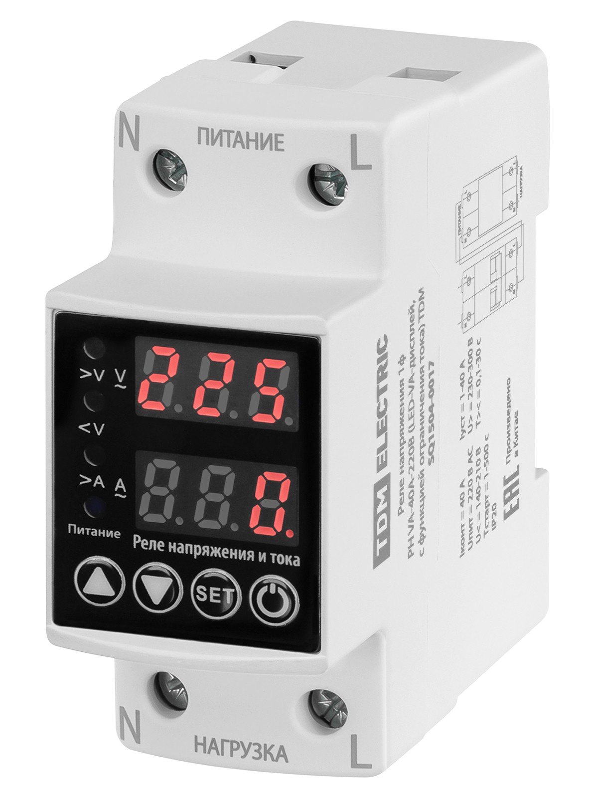 TDM ELECTRIC SQ1504-0018 Реле напряжения 1ф РН VA-63А-220В (LED-VA-дисплей, с функцией ограничения тока)