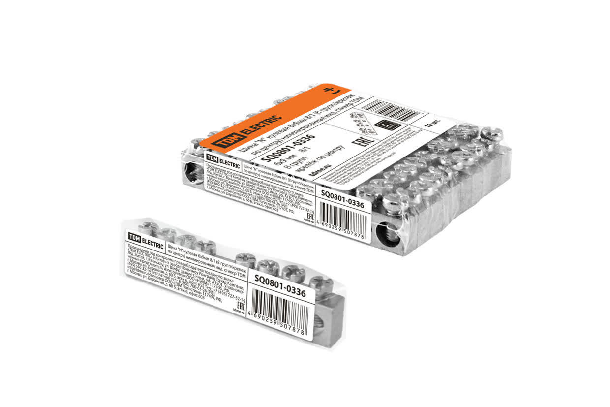 TDM ELECTRIC SQ0801-0336 Шина "N" нулевая 6х9мм 8/1 (8 групп/крепеж по центру) никелированная инд.стик (Упаковка 10шт)