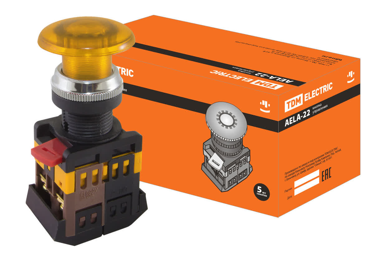 Кнопка грибовидная TDM ELECTRIC SQ0704-0034 AELA-22 желтая, неон/230В
