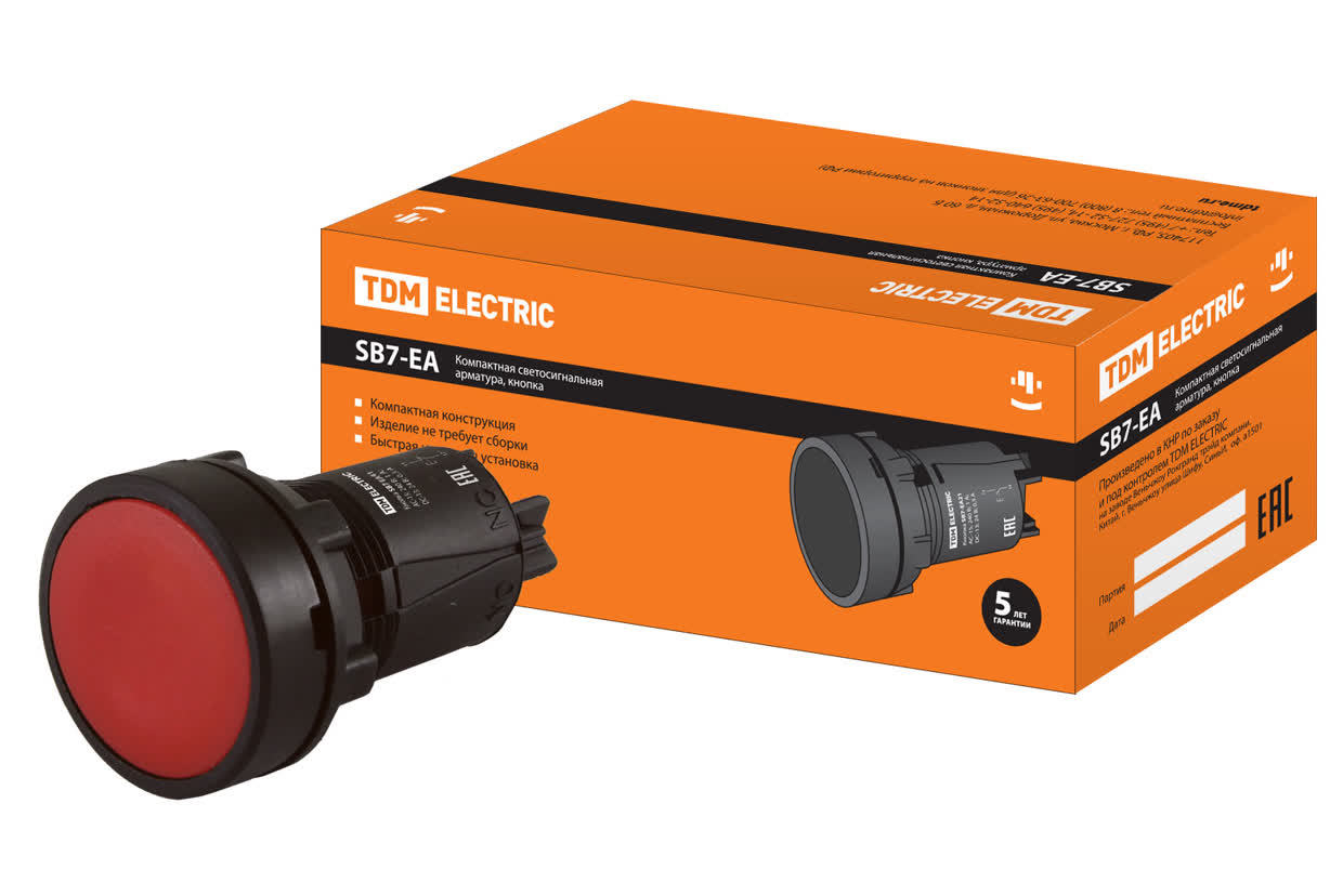 Кнопка TDM ELECTRIC SQ0746-0022 SB7-EA45 с возвратом, красная, IP40 (Упаковка 10шт)