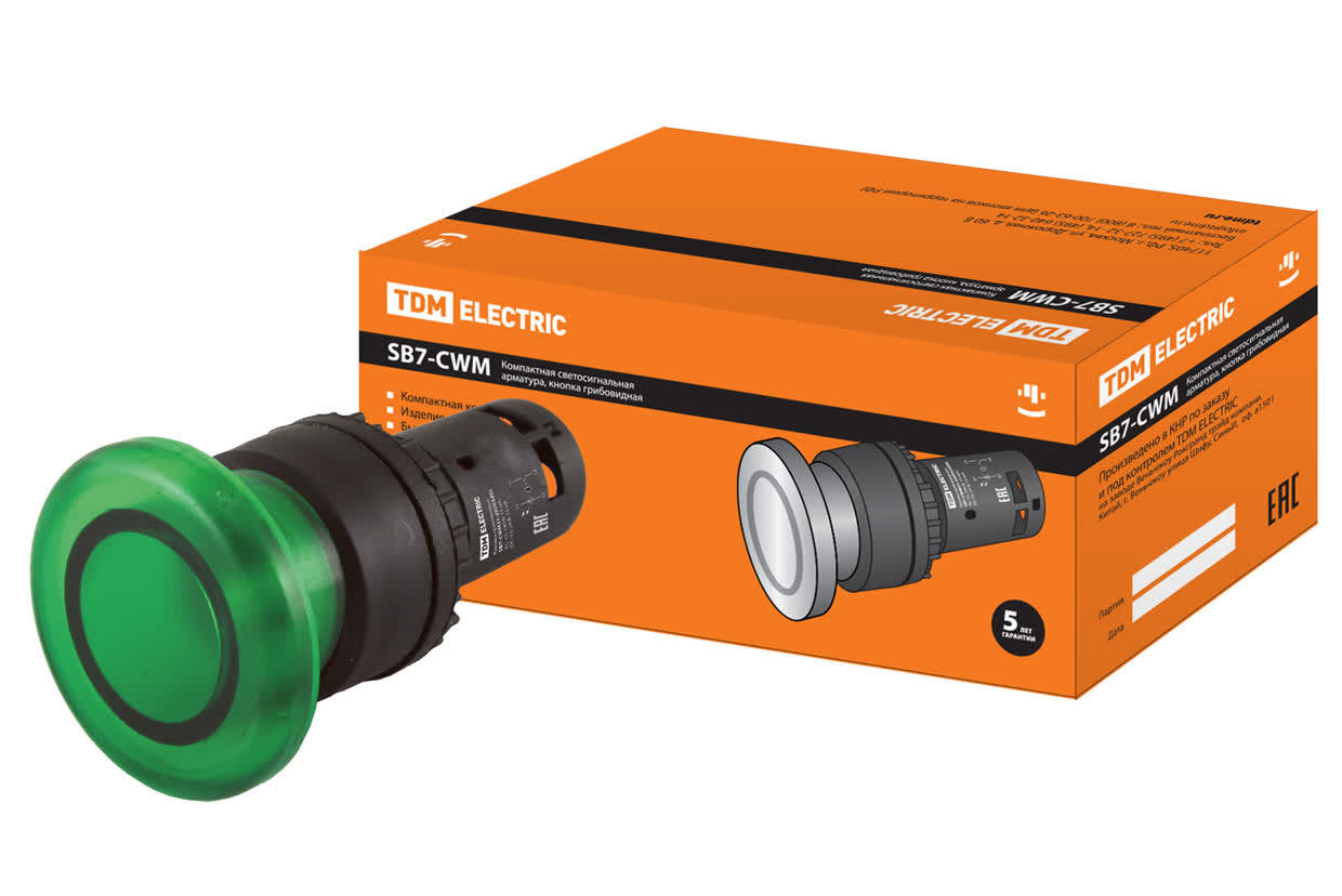 Кнопка грибовидная TDM ELECTRIC SQ0746-0050 SB7-CWM31 с возвратом, зеленая, 24В, IP40 (Упаковка 10шт)