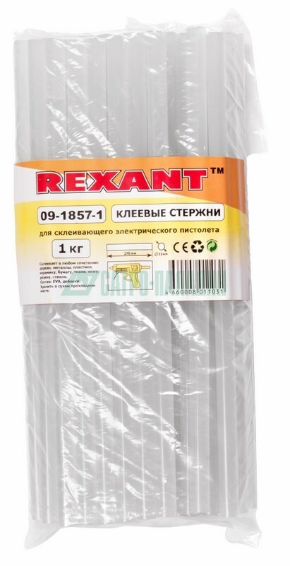 09-1857-1 ∙ Стержни клеевые REXANT Ø 11 мм, 270 мм, прозрачные, 1 кг (0.5 кг + 0.5 кг) (пакет)