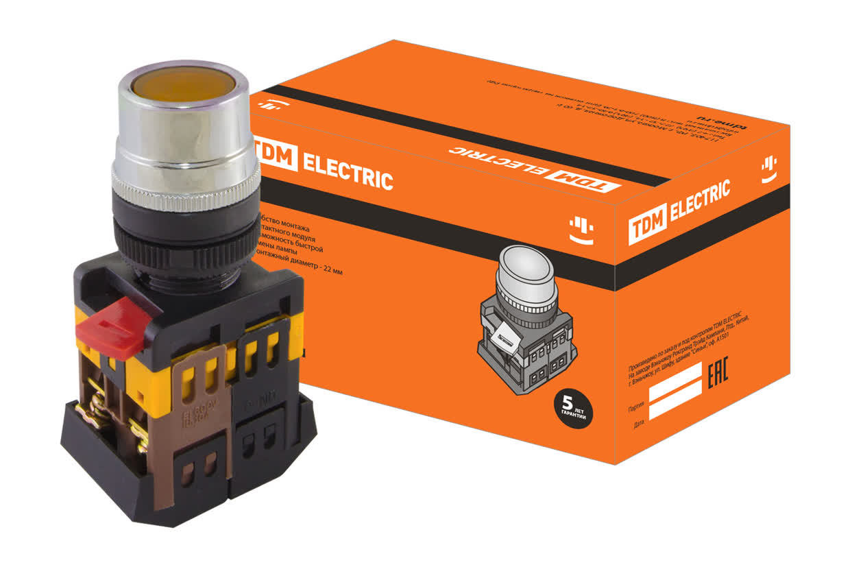 Кнопка с подсветкой TDM ELECTRIC SQ0704-0003 ABLF-22 желтый, неон/230В (Упаковка 10шт)