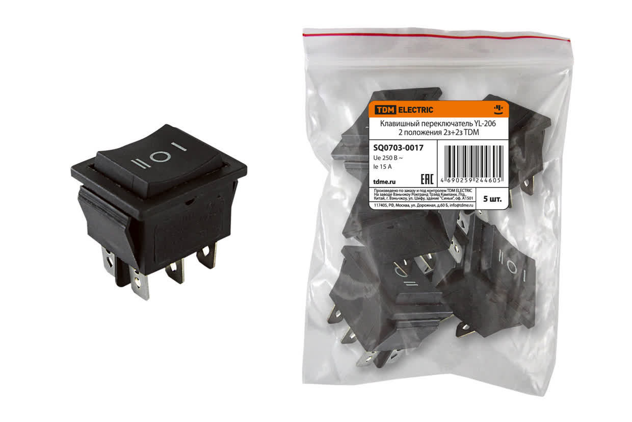Переключатель клавишный TDM ELECTRIC SQ0703-0017 YL-206 черный 3 положения 2з+2з (Упаковка 5шт)