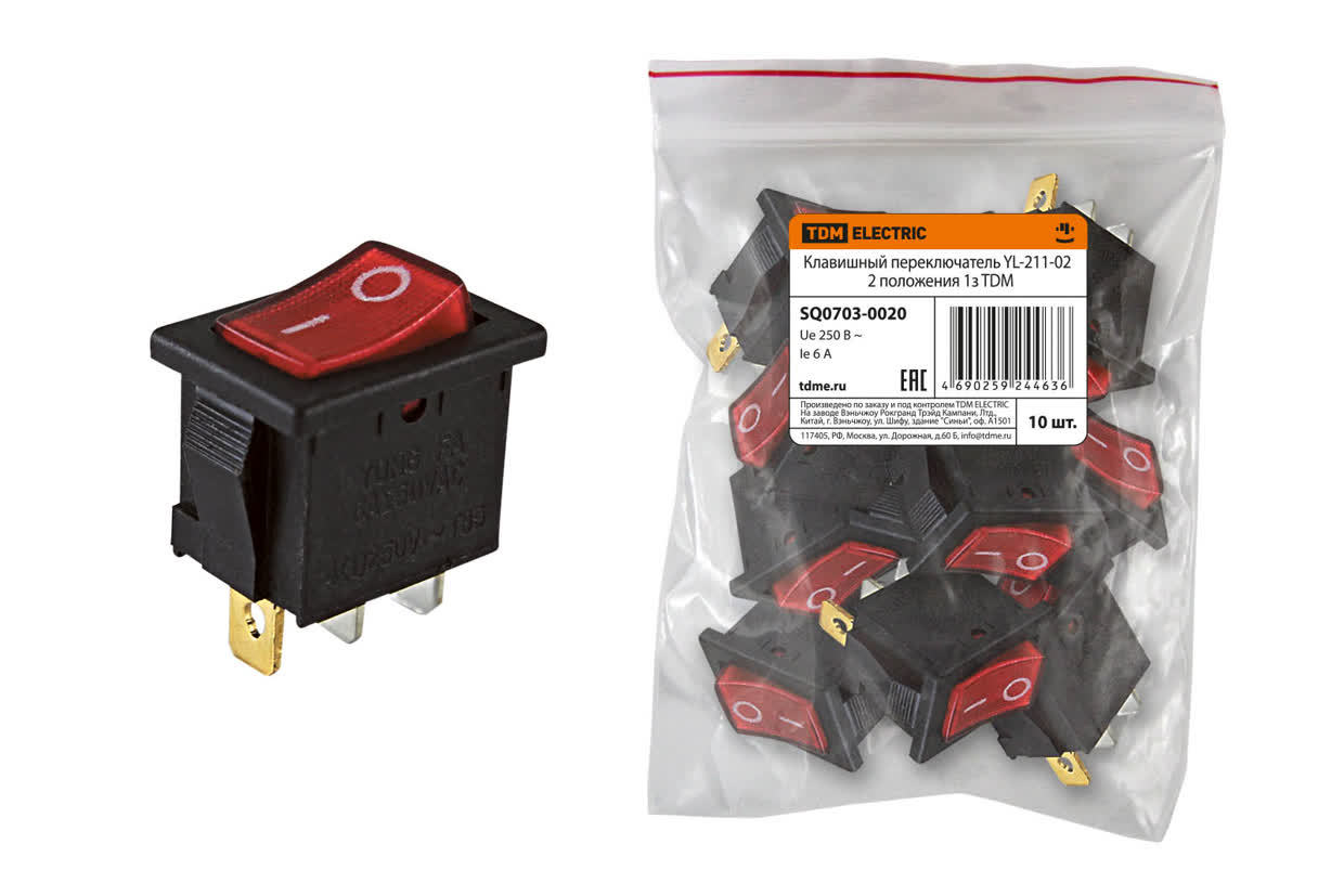 Переключатель клавишный TDM ELECTRIC SQ0703-0020 YL-211-02 красная клавиша 2 положения 1з (Упаковка 10шт)