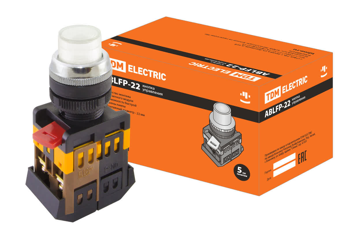 Кнопка с подсветкой TDM ELECTRIC SQ0704-0030 ABLFP-22 белый, неон/230В (Упаковка 10шт)