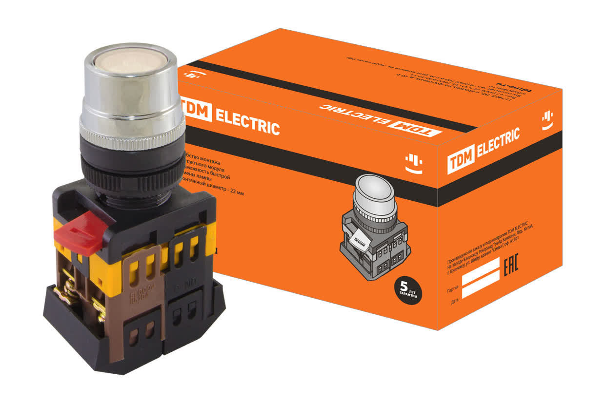 Кнопка с подсветкой TDM ELECTRIC SQ0704-0028 ABLF-22 белый, неон/230В (Упаковка 10шт)