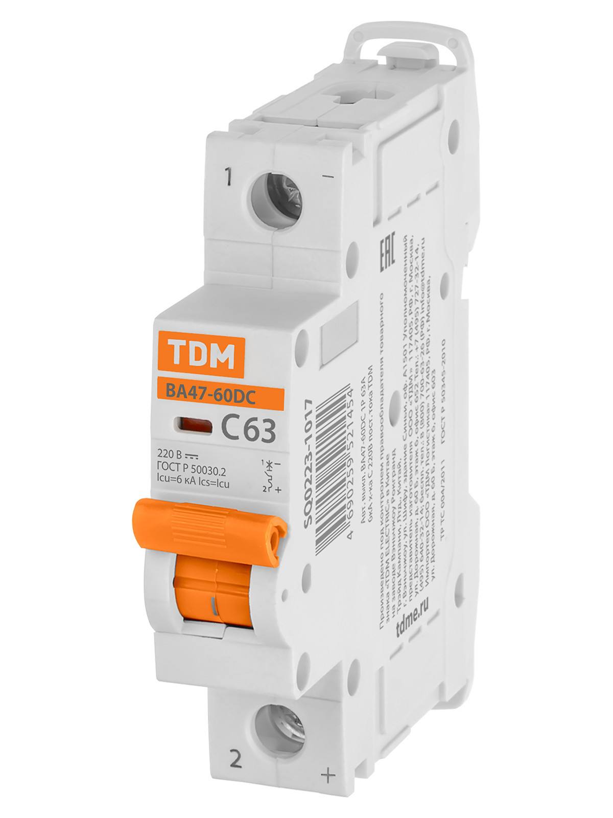 Выключатель автоматический модульный TDM ELECTRIC SQ0223-1017 ВА47-60DC 1P 63А 6кА х-ка С 220В пост. тока