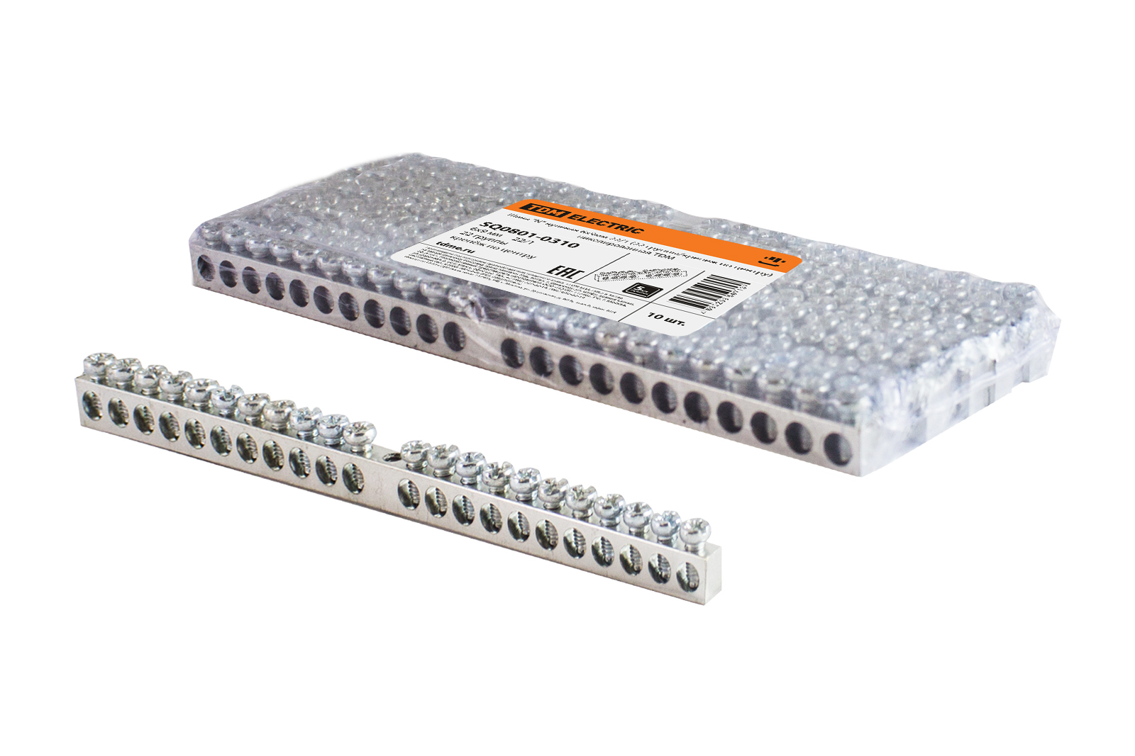 TDM ELECTRIC SQ0801-0310 Шина "N" нулевая 6х9мм 22/1 (22 группы/крепеж по центру) никелированная (Упаковка 10шт)