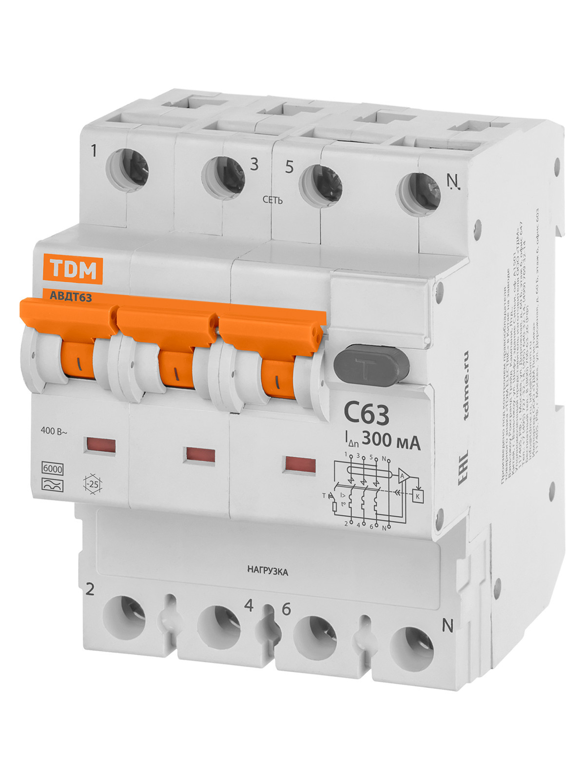 Выключатель автоматический дифференциального тока TDM ELECTRIC SQ0202-0056 АВДТ 63 4P(3Р+N) C63 100мА 6кА тип А