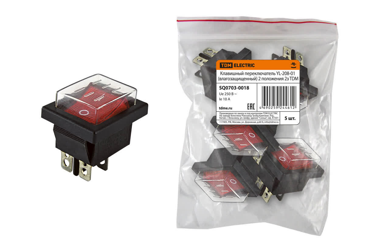 Переключатель клавишный TDM ELECTRIC SQ0703-0018 YL-208-01 красная клавиша (влагозащищенный) 2 положения 2з (Упаковка 5шт)
