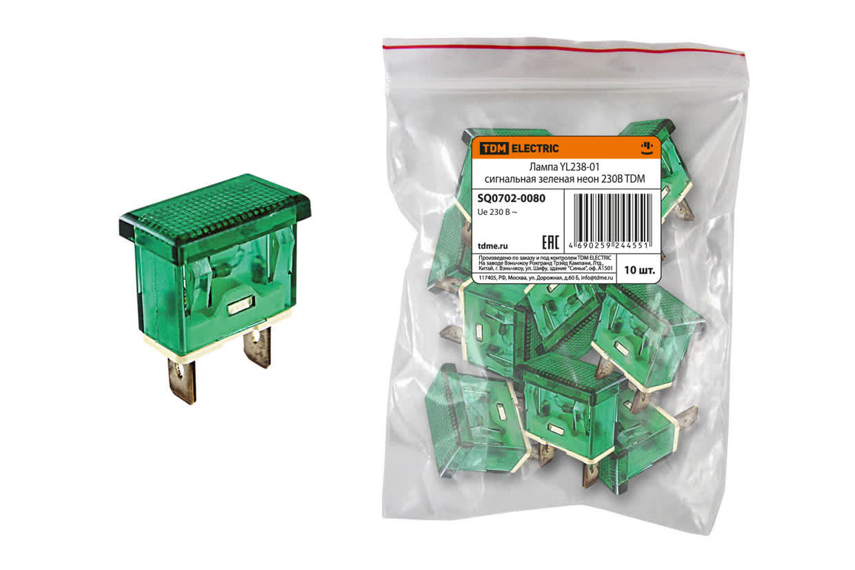 Лампа сигнальная TDM ELECTRIC SQ0702-0080 YL238-01 зеленая, неон/230В (Упаковка 10шт)