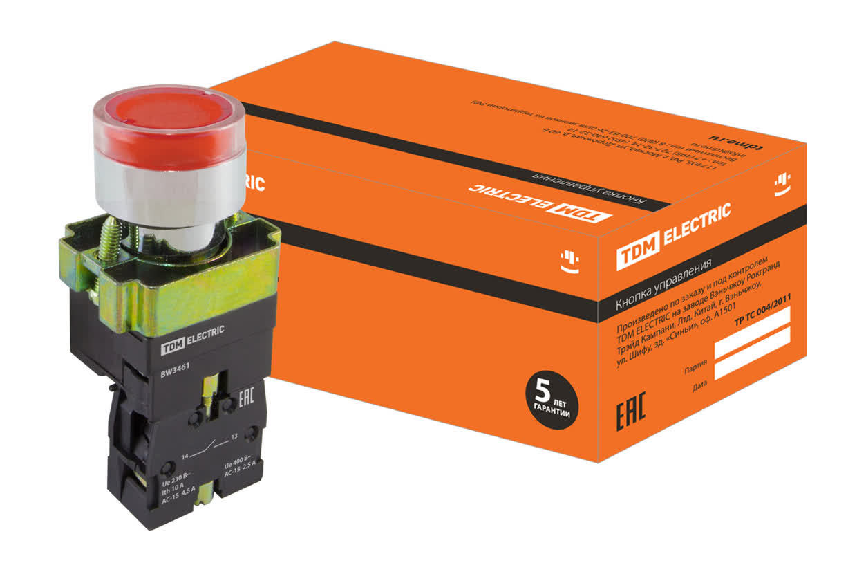 Кнопка TDM ELECTRIC SQ0704-0055 SB2-BW3461 с возвратом, красная с подстветкой