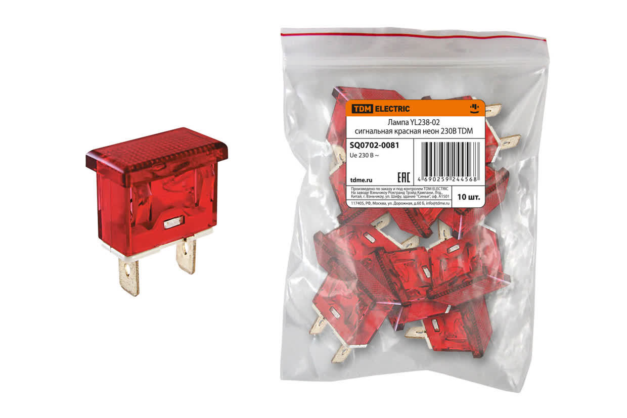 Лампа сигнальная TDM ELECTRIC SQ0702-0081 YL238-02 красная, неон/230В (Упаковка 10шт)