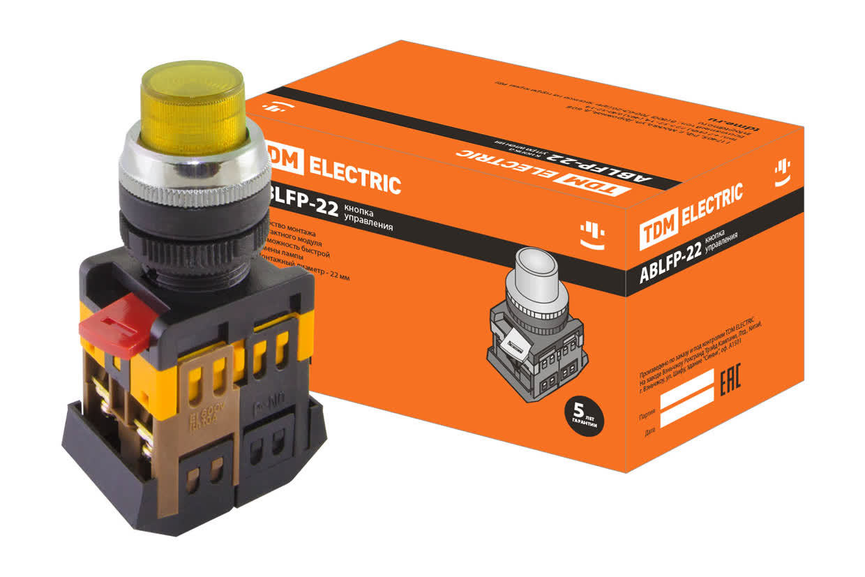 Кнопка с подсветкой TDM ELECTRIC SQ0704-0031 ABLFP-22 желтый, неон/230В (Упаковка 10шт)