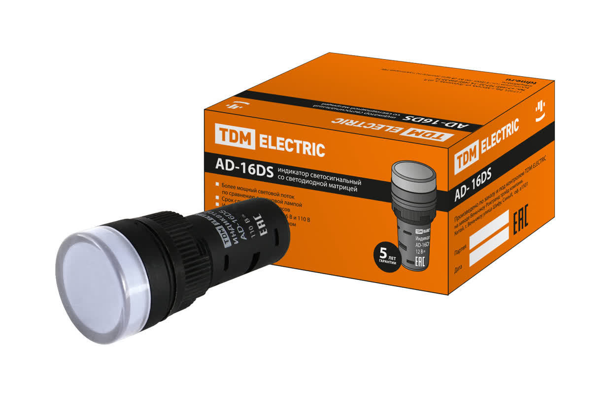 Лампа сигнальная TDM ELECTRIC SQ0702-0065 AD-16DS(LED) белый 12В AC/DC