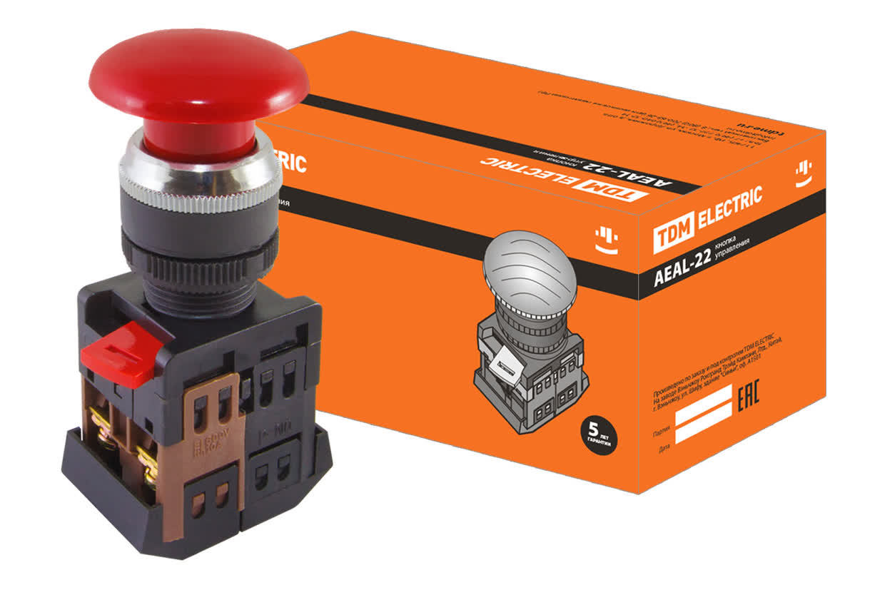 Кнопка грибовидная TDM ELECTRIC SQ0704-0020 AEAL-22 с фиксацией, красная