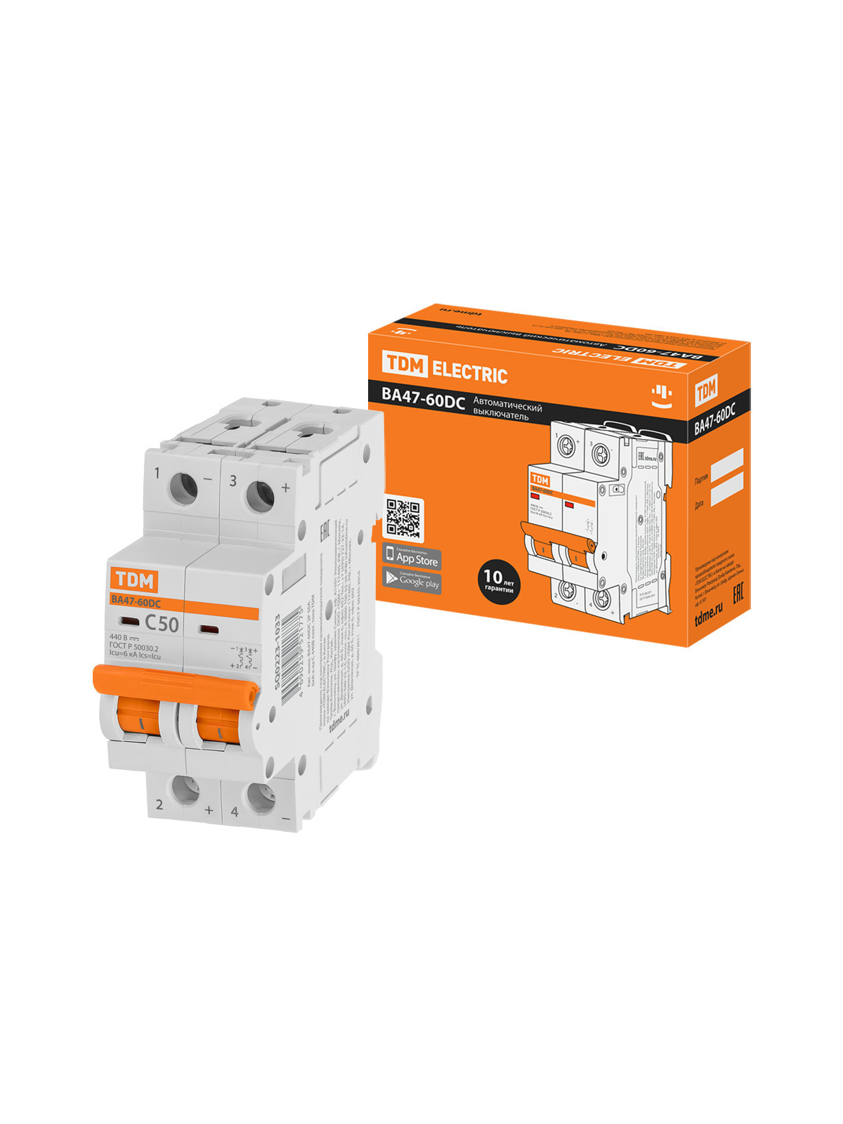Выключатель автоматический модульный TDM ELECTRIC SQ0223-1033 ВА47-60DC 2P 50А 6кА х-ка С 440В пост. тока