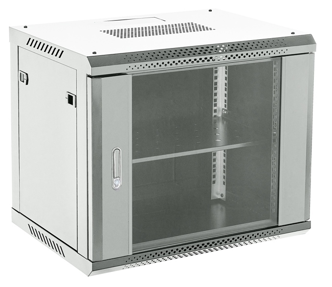 04-0966-111  Настенный шкаф 19" 9U 600×600, дверь сплошное стекло, серый, RAL 7035 Rexant