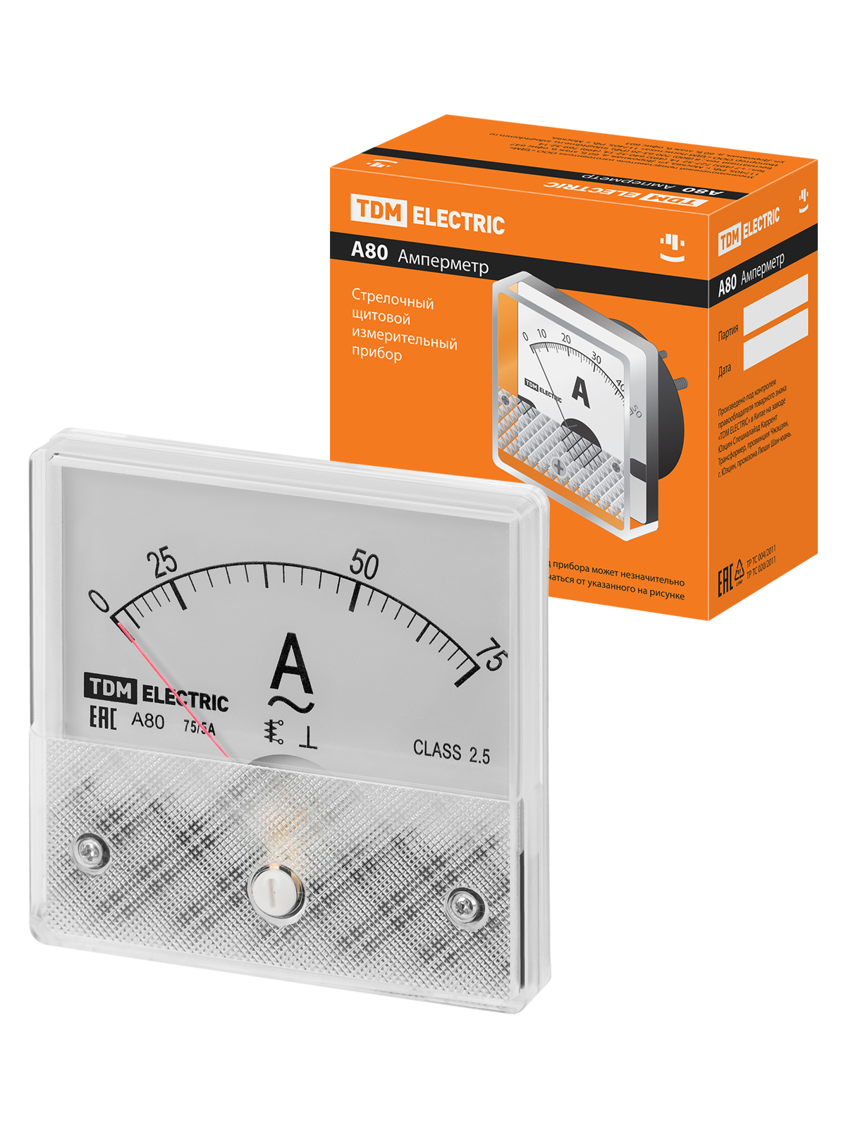 Амперметр TDM ELECTRIC SQ1102-0262 А80Н 75А/5А-2,5, трансформаторного включения, (без поверки)