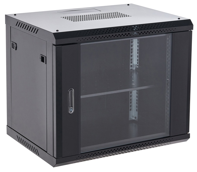 04-0966-112  Настенный шкаф 19" 9U 600×600, дверь сплошное стекло, черный, RAL 9005 Rexant