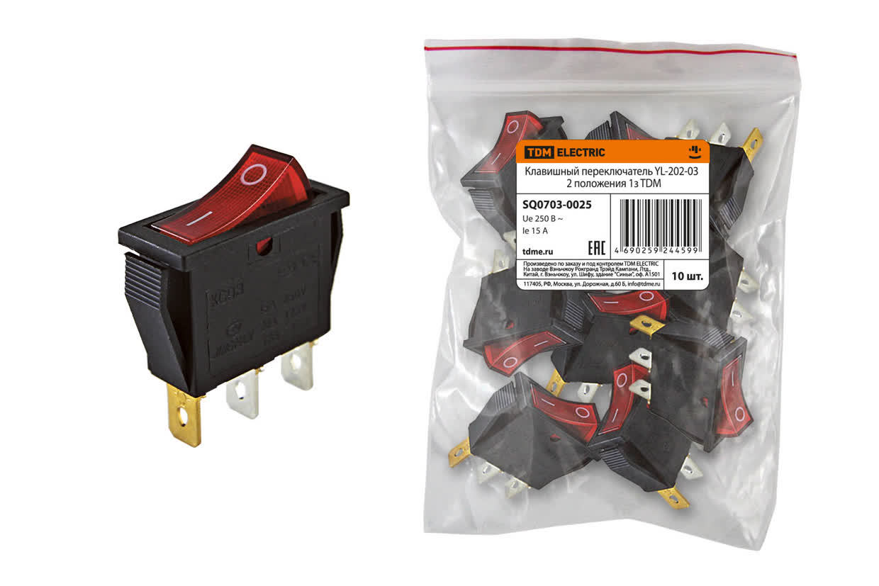 Переключатель клавишный TDM ELECTRIC SQ0703-0025 YL-202-03 красная клавиша 2 положения 1з (Упаковка 10шт)