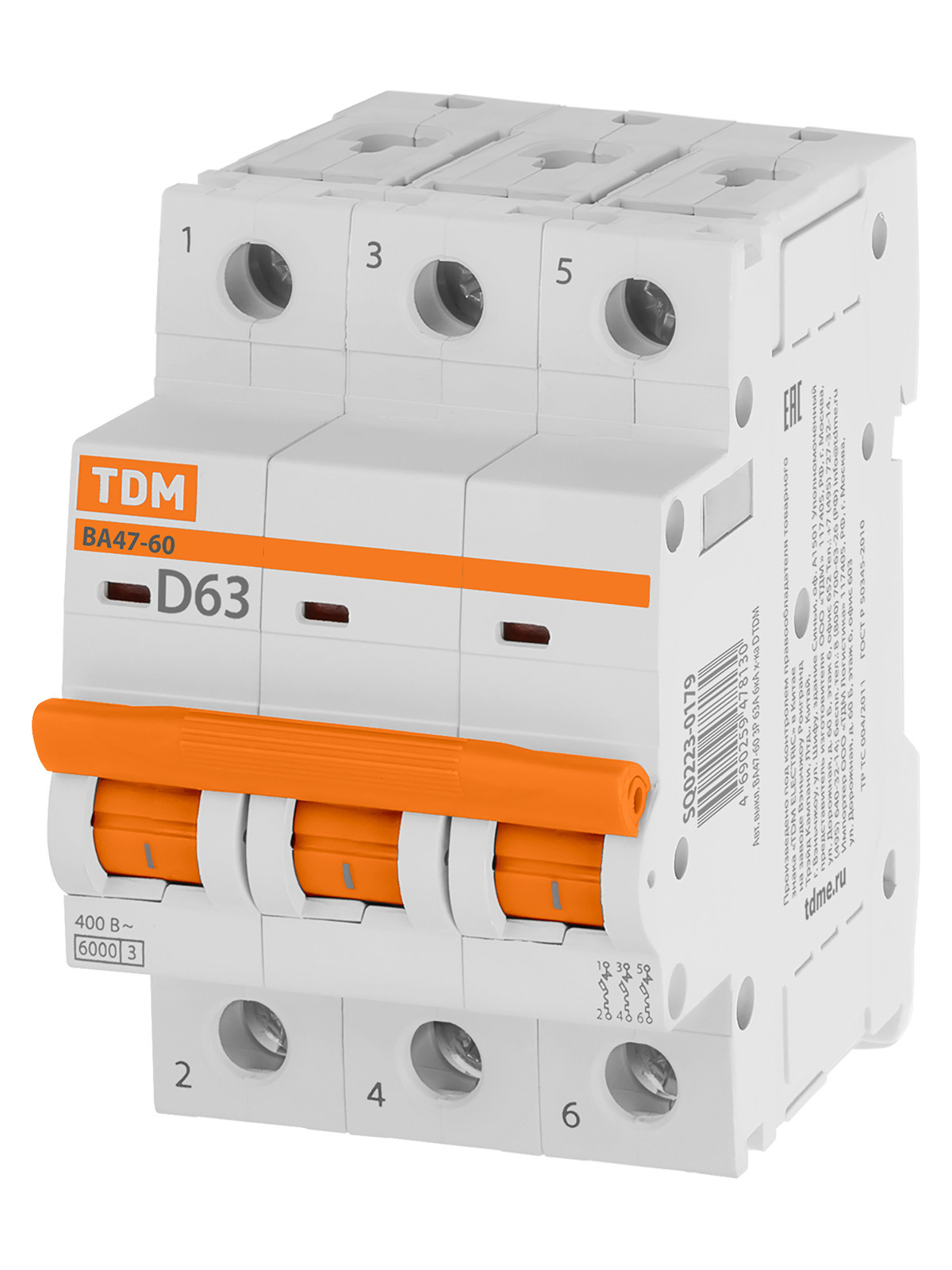 Выключатель автоматический модульный TDM ELECTRIC SQ0223-0179 ВА47-60 3Р 63А 6кА х-ка D