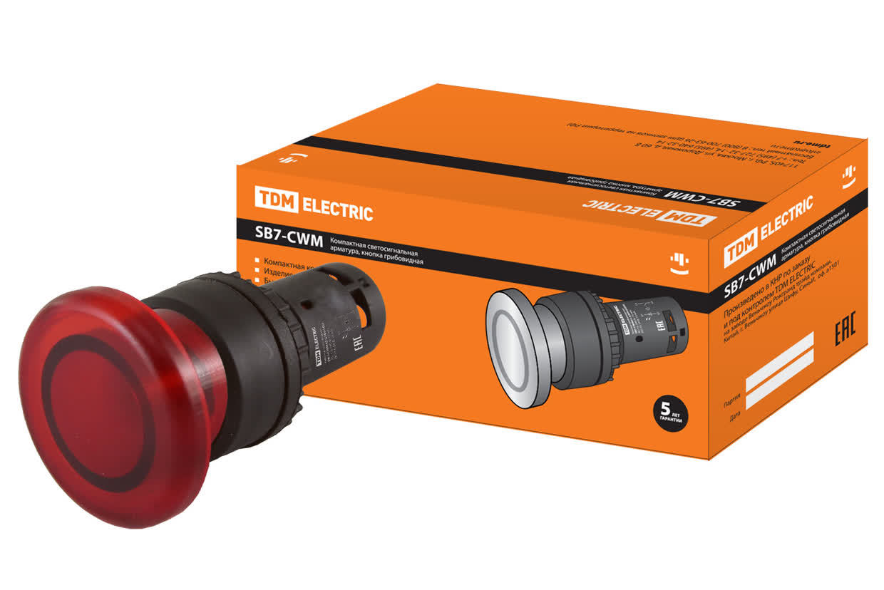 Кнопка грибовидная TDM ELECTRIC SQ0746-0052 SB7-CWM42 с возвратом, красная, 24В, IP40 (Упаковка 10шт)